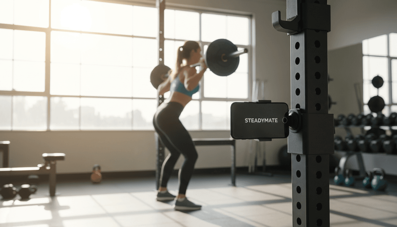 Gym vlogger using Steadymate phone stand to film workout effortlessly