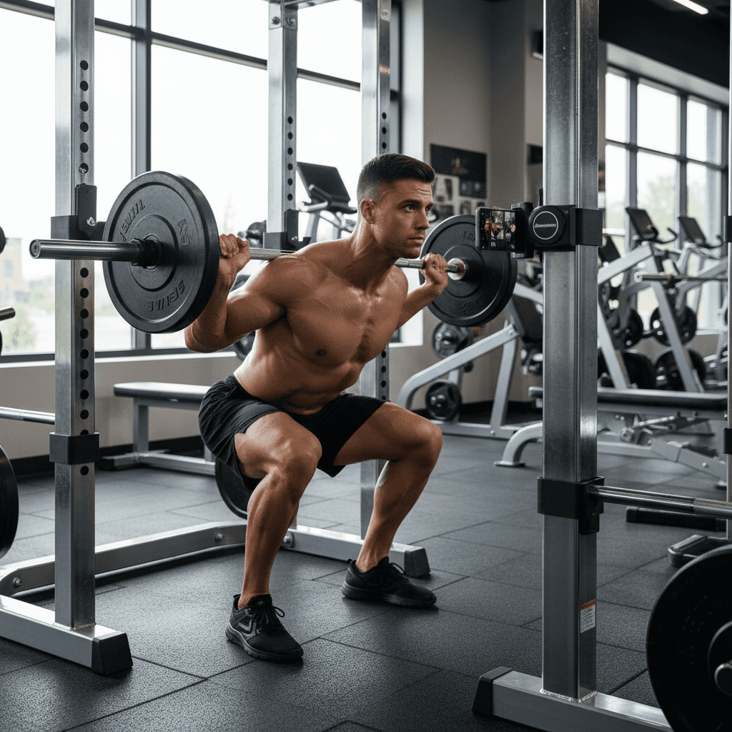 Gym-goer filming workout content with Steadymate magnetic phone stand