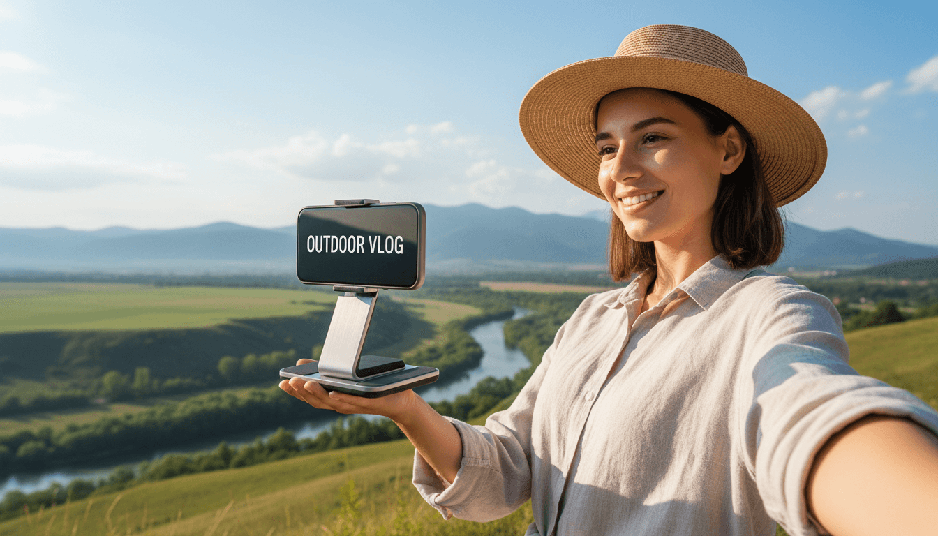 Content creator using portable magnetic phone stand for outdoor vlogging in natural sunlight