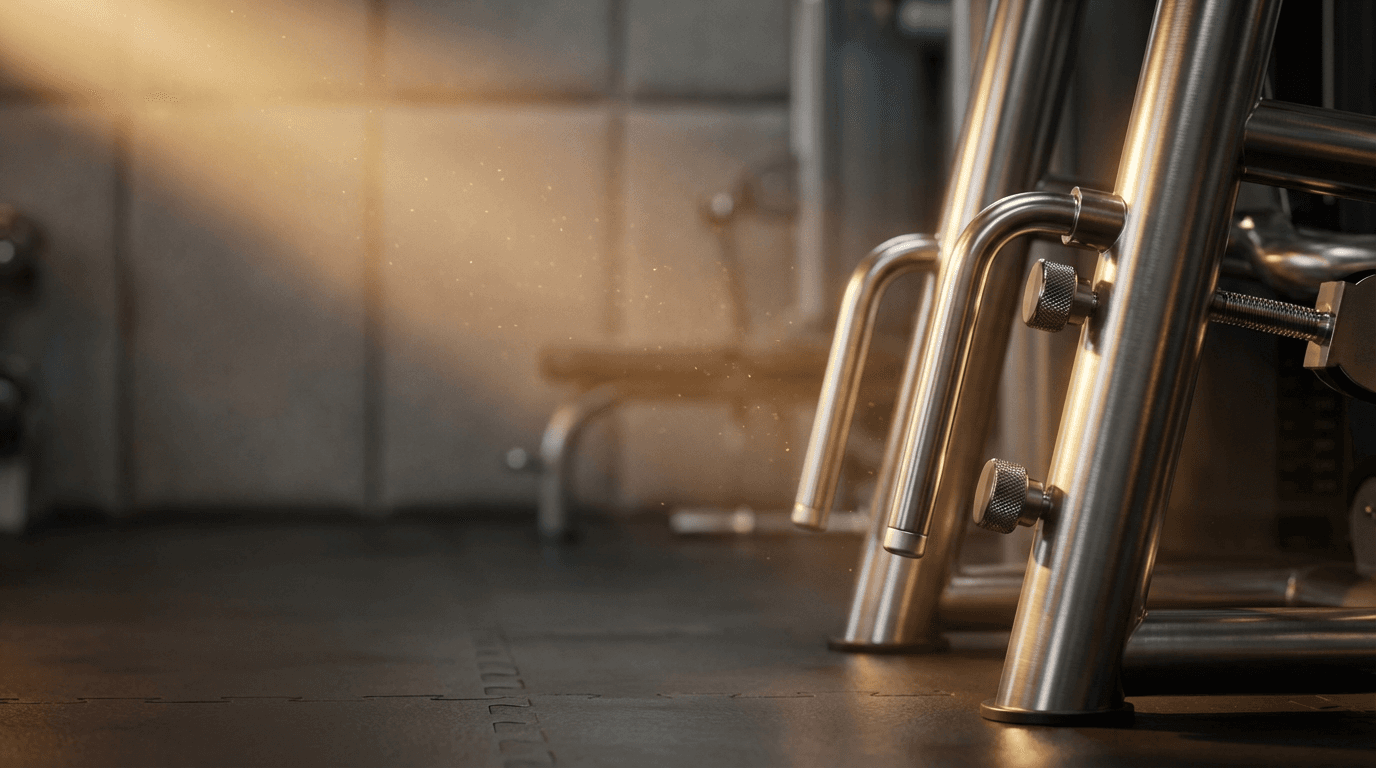 Gym user recording workout content with phone stand setup