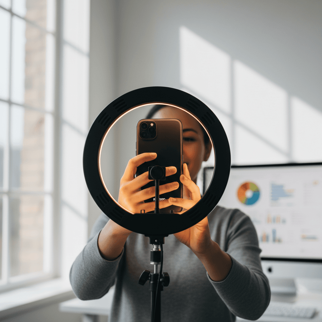 Content creator using portable phone stand for video filming