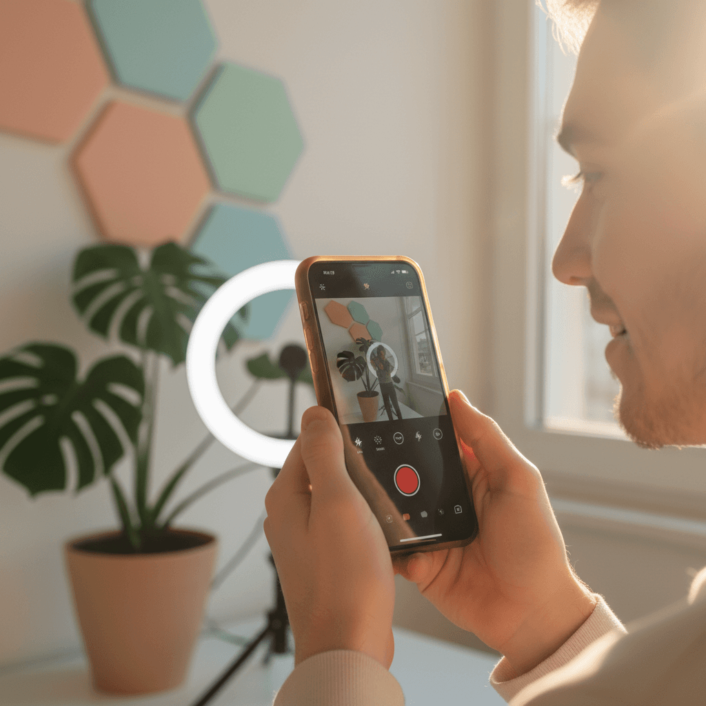 Creator filming tutorial with phone stand setup