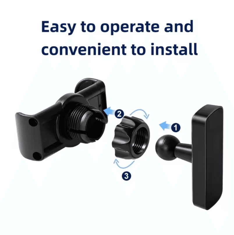 Three-step assembly diagram for a black car phone mount featuring a ball joint mechanism.