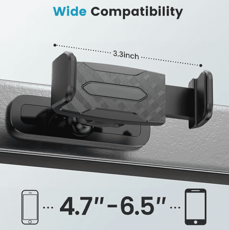 Adjustable black car phone mount compatible with smartphones ranging from 4.7 to 6.5 inches.